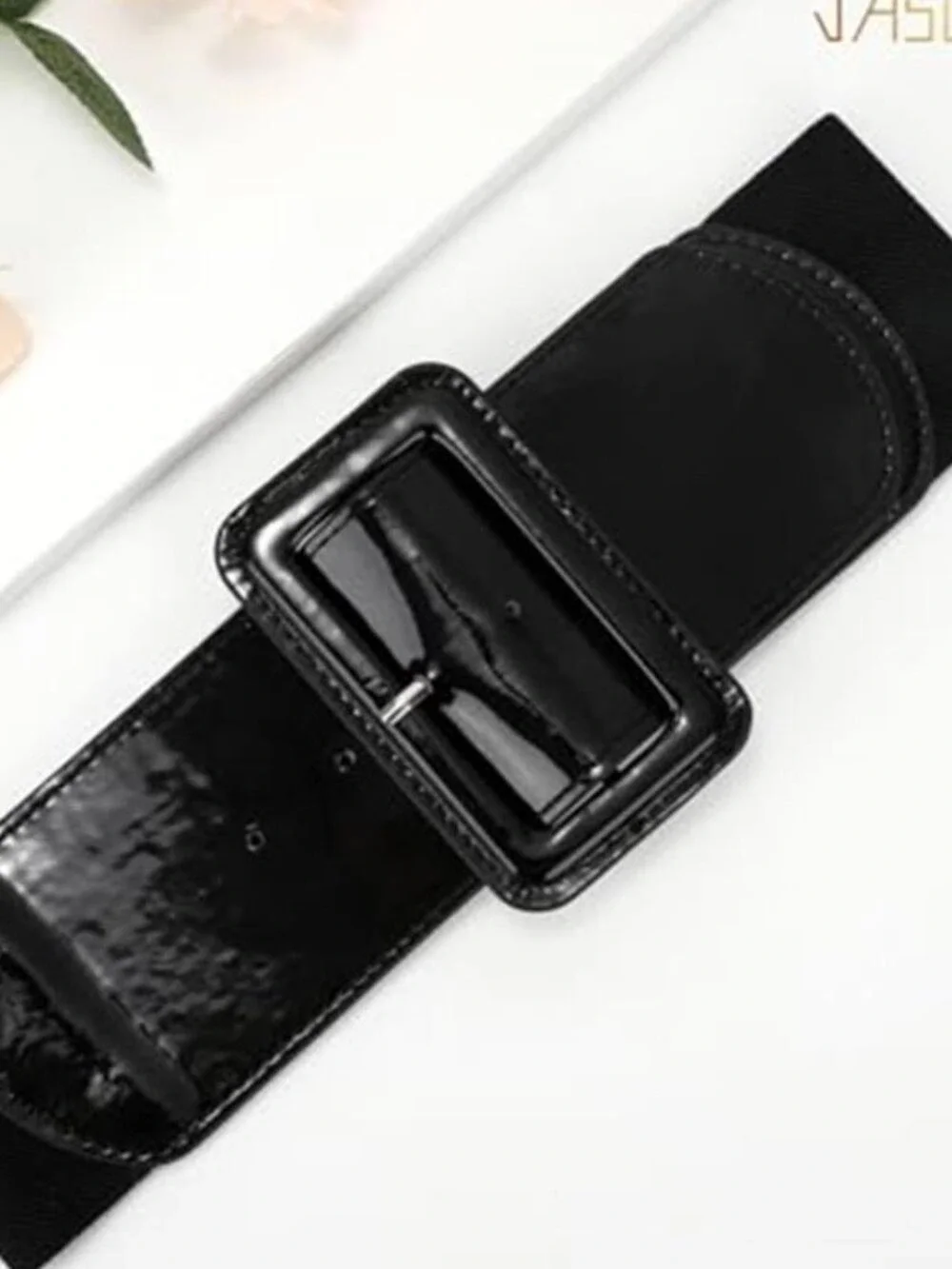 Women's Black Patent Leather Wide Stretchy Vintage Style Waist Belt